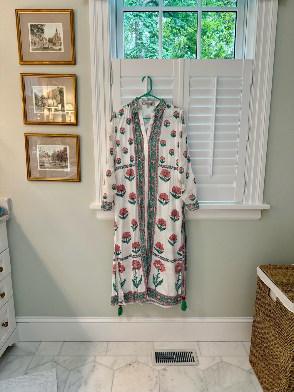 Bella Tu White Maxi Dress with Pink Floral Print and Green Trim